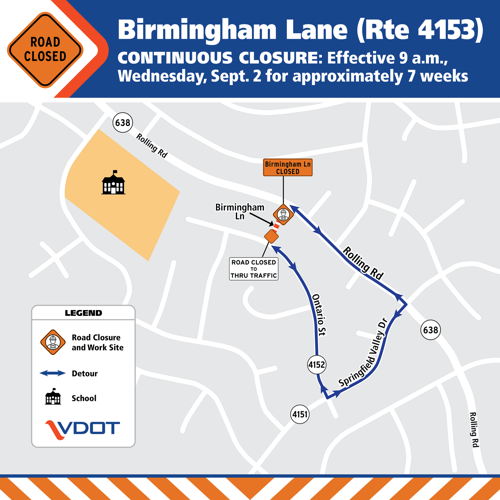 Birmingham Lane seven-week closure at Rolling Road in West Springfield begins Sept. 2