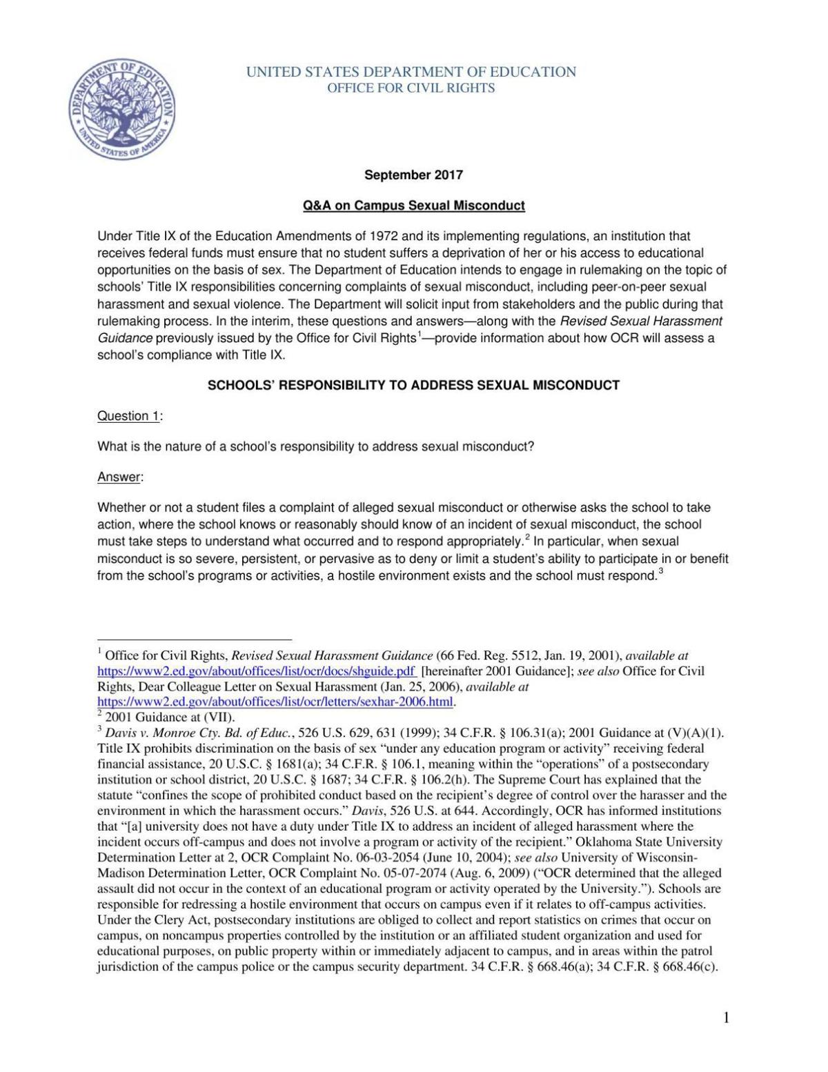 The U.S. Department of Education's interim Title IX guidance