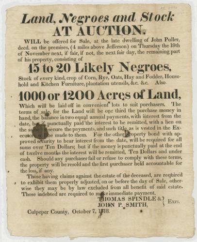 “Land, Negroes and Stock At Auction.”