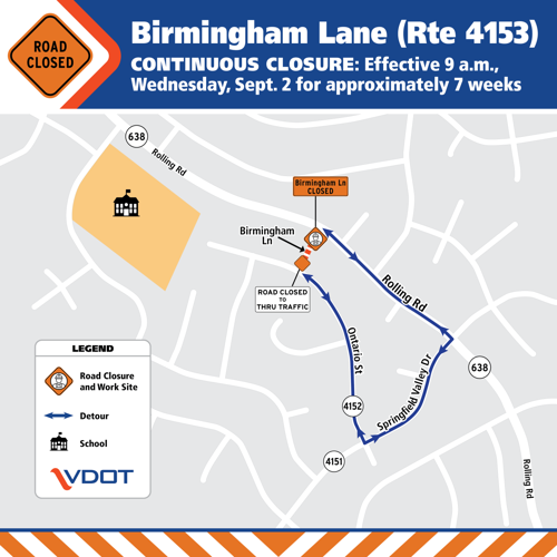 Birmingham Lane seven-week closure at Rolling Road in West Springfield begins Sept. 2