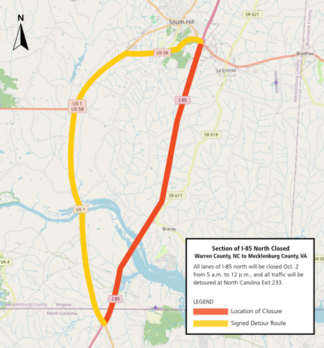 I-85 north traffic will be detoured to Route 1 in North Carolina at Exit 233 for guardrail repairs