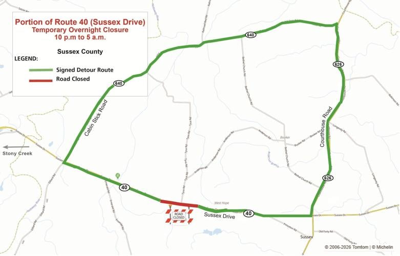 Portion of Route 40 (Sussex Drive) to close overnight for maintenance work in Sussex County