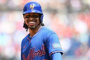 Aug 6, 2026; Cleveland, Ohio, USA; New York Mets shortstop Francisco Lindor (12) talks to the Cleveland Guardians bench during the fourth inning at Progressive Field. Mandatory Credit: Ken Blaze-Imagn Images