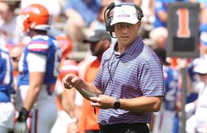 Florida head coach Jon Sumrall monitors action during the Orange& Blue Game at Ben Hill Griffin Stadium on the UF campus in Gainesville, Florida, on April 11, 2026.
