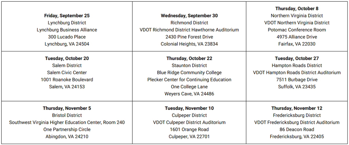 Commonwealth Transportation Board invites public to participate in fall transportation meetings