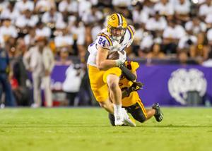 Mac Markway 84 runs the ball as the LSU Tigers take on Grambling State at Tiger Stadium in Baton Rouge, Louisiana, Saturday, Sept. 9, 2023.