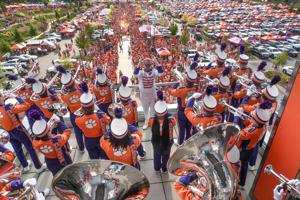 Clemson Tiger Band play during Clemson Tiger Walk before kickoff at Memorial Stadium in Clemson, S.C. Saturday, August 30, 2025.