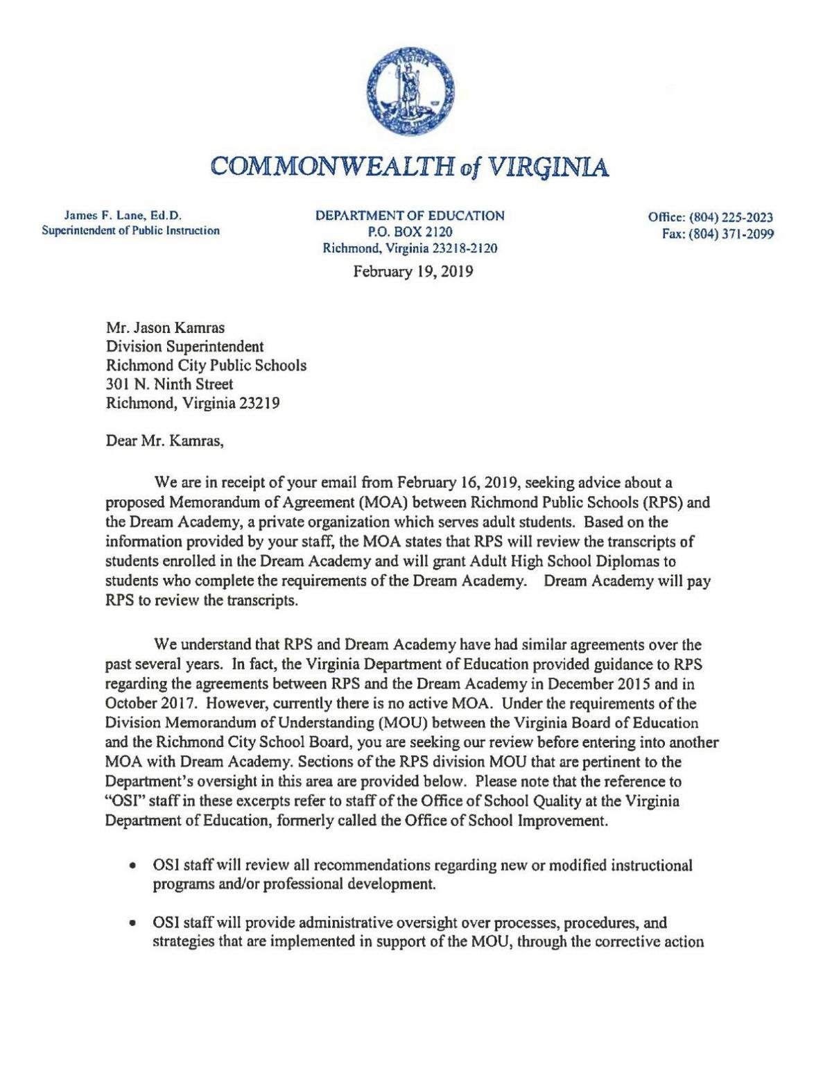 Vdoe Dream Academy Letter Richmond Com