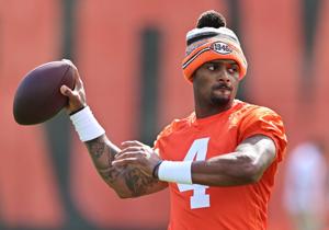 May 25, 2022; Berea, OH, USA; Cleveland Browns quarterback Deshaun Watson (4) throws a pass during organized team activities at CrossCountry Mortgage Campus. Mandatory Credit: Ken Blaze-USA TODAY Sports