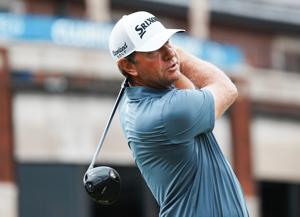 Lucas Glover hits off the 10th tee during the second round of the 2026 ISCO Championship at the Hurstbourne Country Club in Louisville.