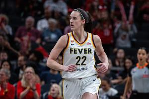 Apr 30, 2026; Indianapolis, IN, USA; Indiana Fever guard Caitlin Clark (22) celebrates a made shot in the first half against the Dallas Wings at the Gainbridge Fieldhouse. Mandatory Credit: Trevor Ruszkowski-Imagn Images
