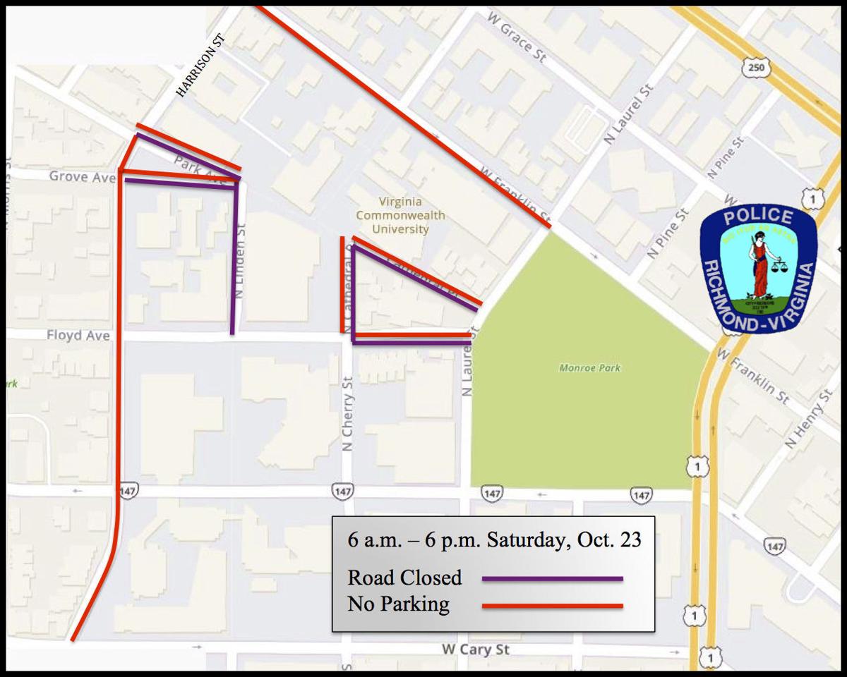 Road closures and parking restrictions for Oct. 23, 2021 around VCU Monroe Park campus