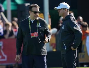 Jan 25, 2020; Kissimmee, Florida, USA; Baltimore Ravens coach John Harbaugh (right) talks with NFL senior vice president of operations Dave Gardi aka Todd Gardi during AFC Practice at ESPN Wide World of Sports. Mandatory Credit: Kirby Lee-USA TODAY S