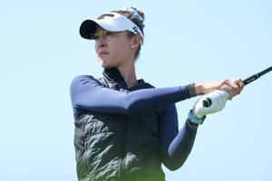 Nelly Korda hits her tee shot on the second hole during the third round of the KPMG Women's PGA Championship golf tournament.