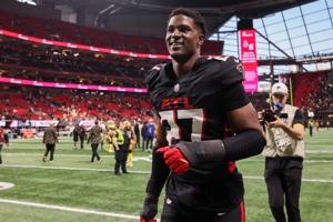 Jan 4, 2026; Atlanta, Georgia, USA; Atlanta Falcons linebacker James Pearce Jr. (27) celebrates after a victory over the New Orleans Saints at Mercedes-Benz Stadium. Mandatory Credit: Brett Davis-Imagn Images