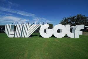 The LIV Golf logo near the first tee during the second round of the LIV Golf Dallas golf tournament at Maridoe Golf Club in 2025.