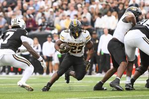 Oct 25, 2025; Nashville, Tennessee, USA; Missouri Tigers running back Ahmad Hardy (29) runs with the ball against the Vanderbilt Commodores during the second half at FirstBank Stadium. Mandatory Credit: Steve Roberts-Imagn Images