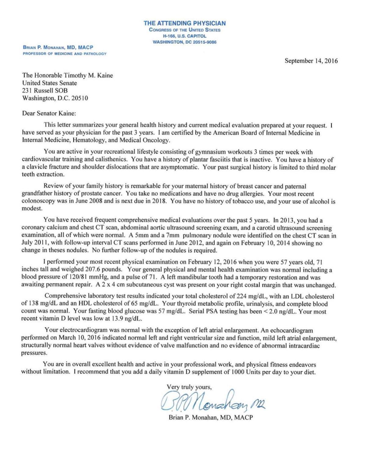 tim kaine s physician letter