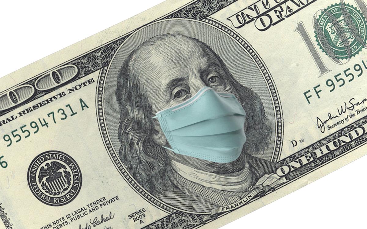 American One Hundred Dollar Bill with Mask Protection For Coronavirus on Economy Against White Background