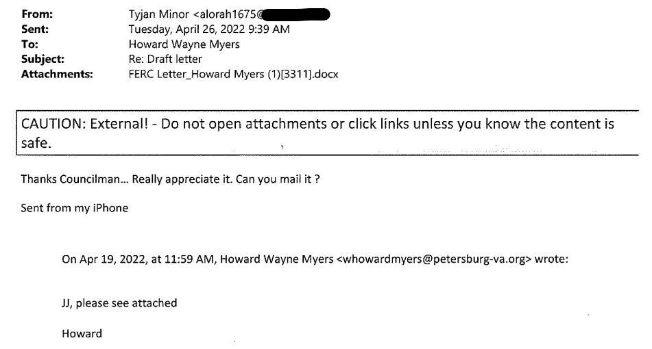 James Minor email with Councilman Myers