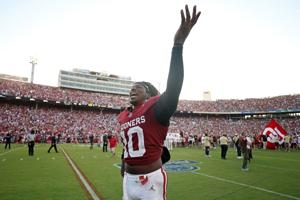 Oklahoma linebacker Kip Lewis celebrates after a 27-24 win against Texas at the Cotton Bowl on Saturday, Oct. 10, 2026, in Dallas.