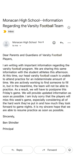 Monacan High School football team sidelined with no coach