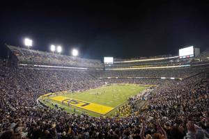 A general overall view of the opening kickoff of a game between Arkansas and LSU at Tiger Stadium.