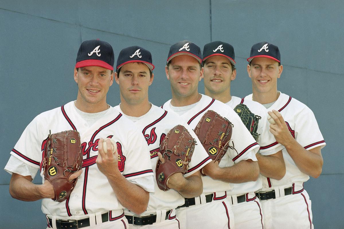 Baseball In Pics - The 1990's Atlanta Braves pitching staff. Left to right,  Greg Maddux, Tom Glavine, John Smoltz, and Steve Avery.