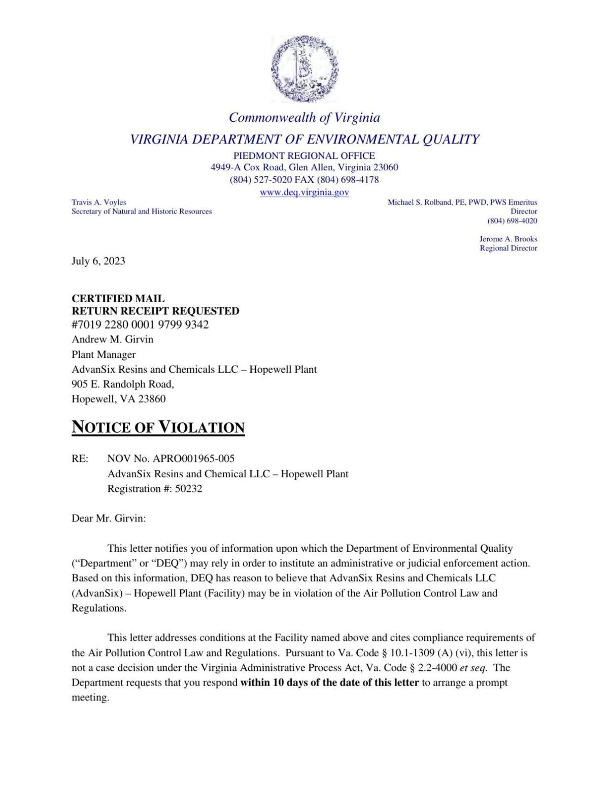 AdvanSix plant leaks ammonia, nitrogen oxide