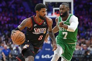 Apr 24, 2026; Philadelphia, Pennsylvania, USA; Philadelphia 76ers forward Paul George (8) drives to the basket against Boston Celtics guard Jaylen Brown (7) during the second half at Xfinity Mobile Arena. Mandatory Credit: Eric Hartline-Imagn Images