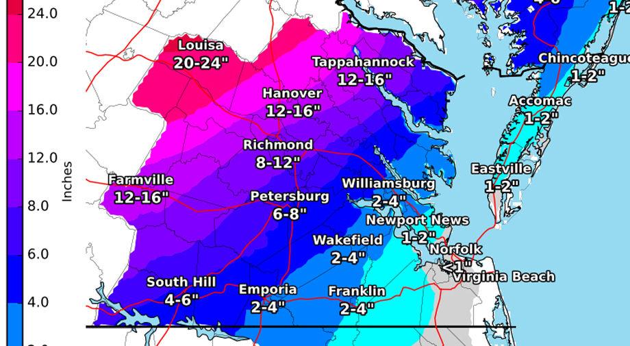 Weather Service says 7 to 15 inches of snow forecast for Richmond area