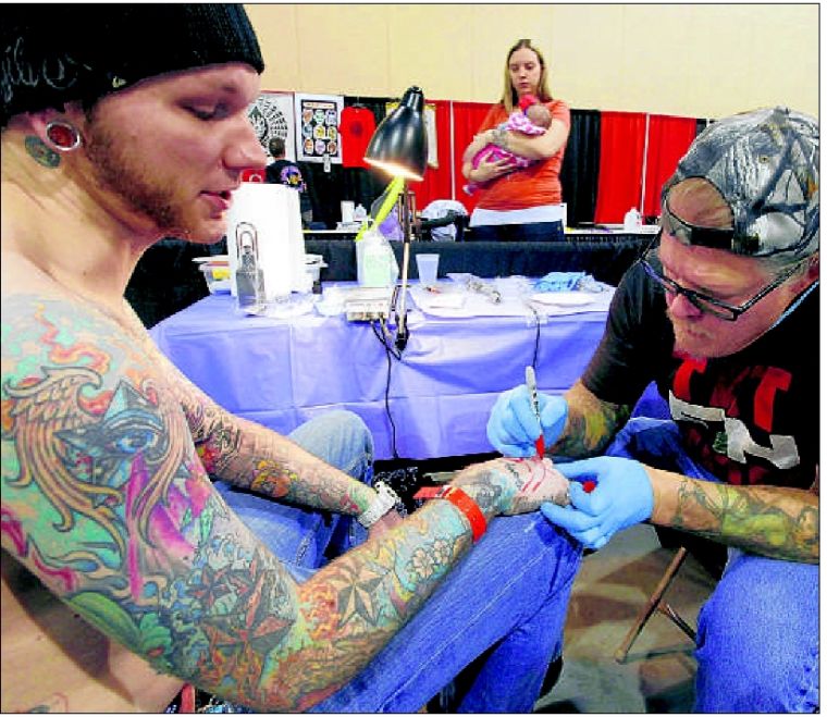 London UK 26th May 2019 Sam Turner Ink tattoo a client at The Great  British Tattoo Show on 26 May 2019 London UK Credit Picture CapitalAlamy  Live News Stock Photo  Alamy