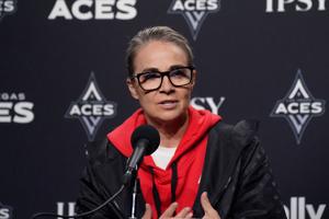 Las Vegas Aces head coach Becky Hammon addresses the media in a pre-game press conference before the game against the Golden State Valkyries at Chase Center on May 31, 2026 in San Francisco, California.