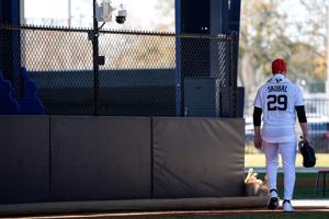 Detroit Tigers pitcher Tarik Skubal walks back toward the clubhouse after practice during spring training at TigerTown in