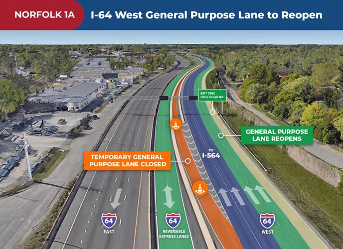 Rescheduled long-term I-64 west mainline closure to reopen between Tidewater Drive and Patrol Road in Norfolk