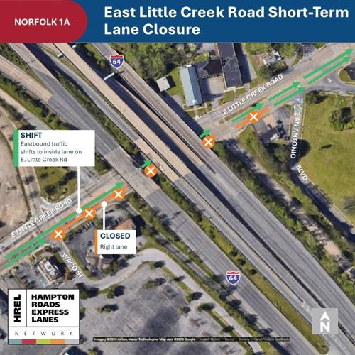 44-hour single-lane closure scheduled on East Little Creek Road at I-64 overpass in Norfolk