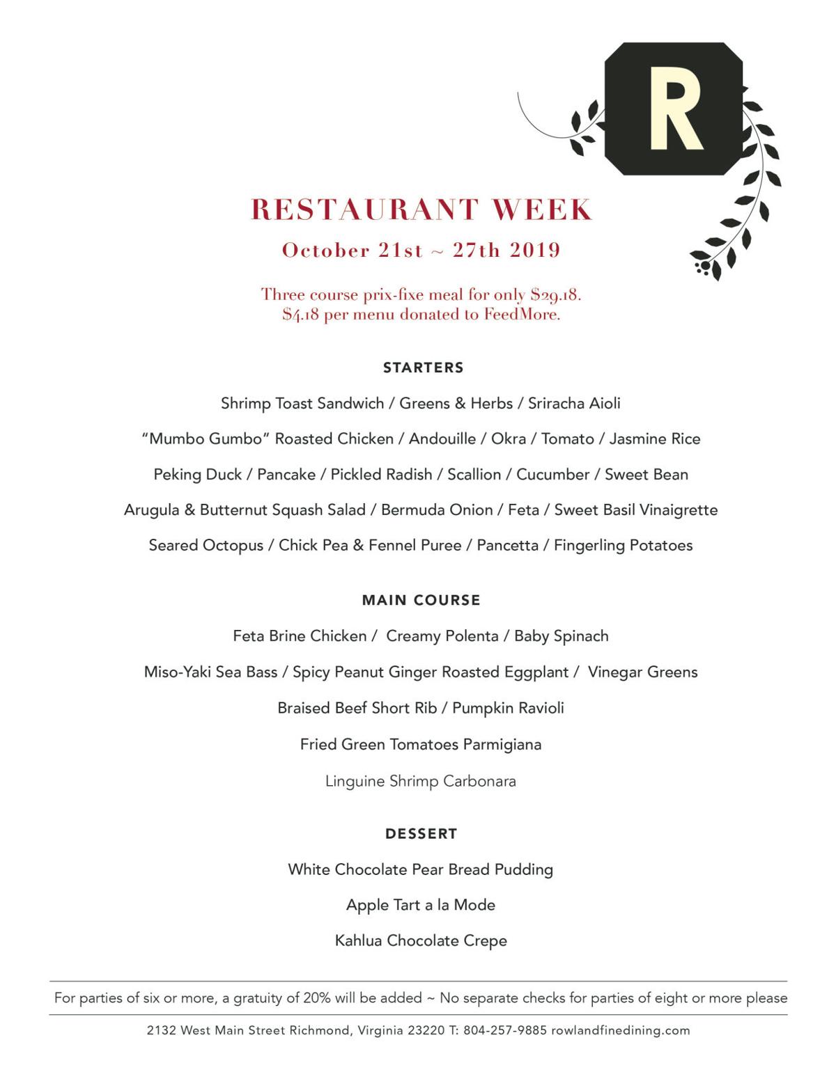 Rowland Fall 2019 Richmond Restaurant Week menu