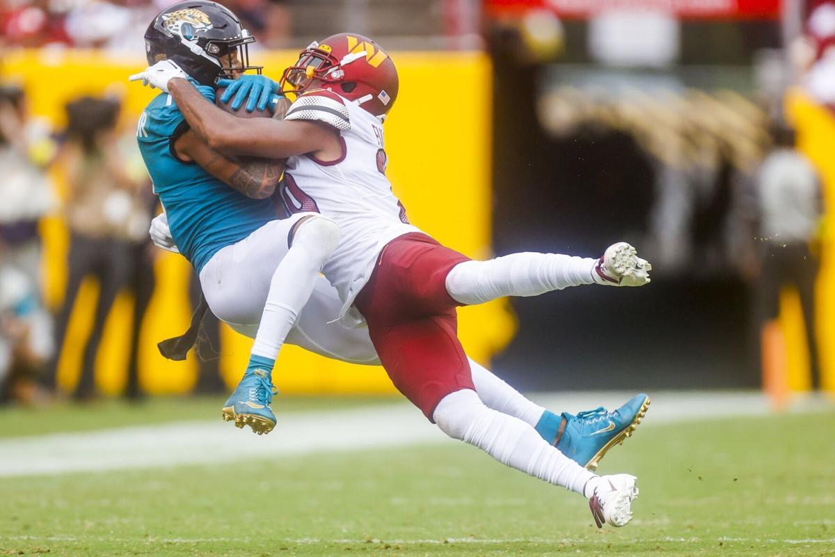 Washington Commanders guard Trai Turner (53) blocks during an NFL football  game against the Jacksonville Jaguars, Sunday, Sept. 11, 2022 in Landover.  (AP Photo/Daniel Kucin Jr Stock Photo - Alamy