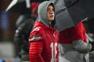 Baylor's Marshall Manning (16) watches a play on the sidelines during the Division II-AAA championship game at Finley Stadium in Chattanooga, Tenn., on Dec. 4, 2025.