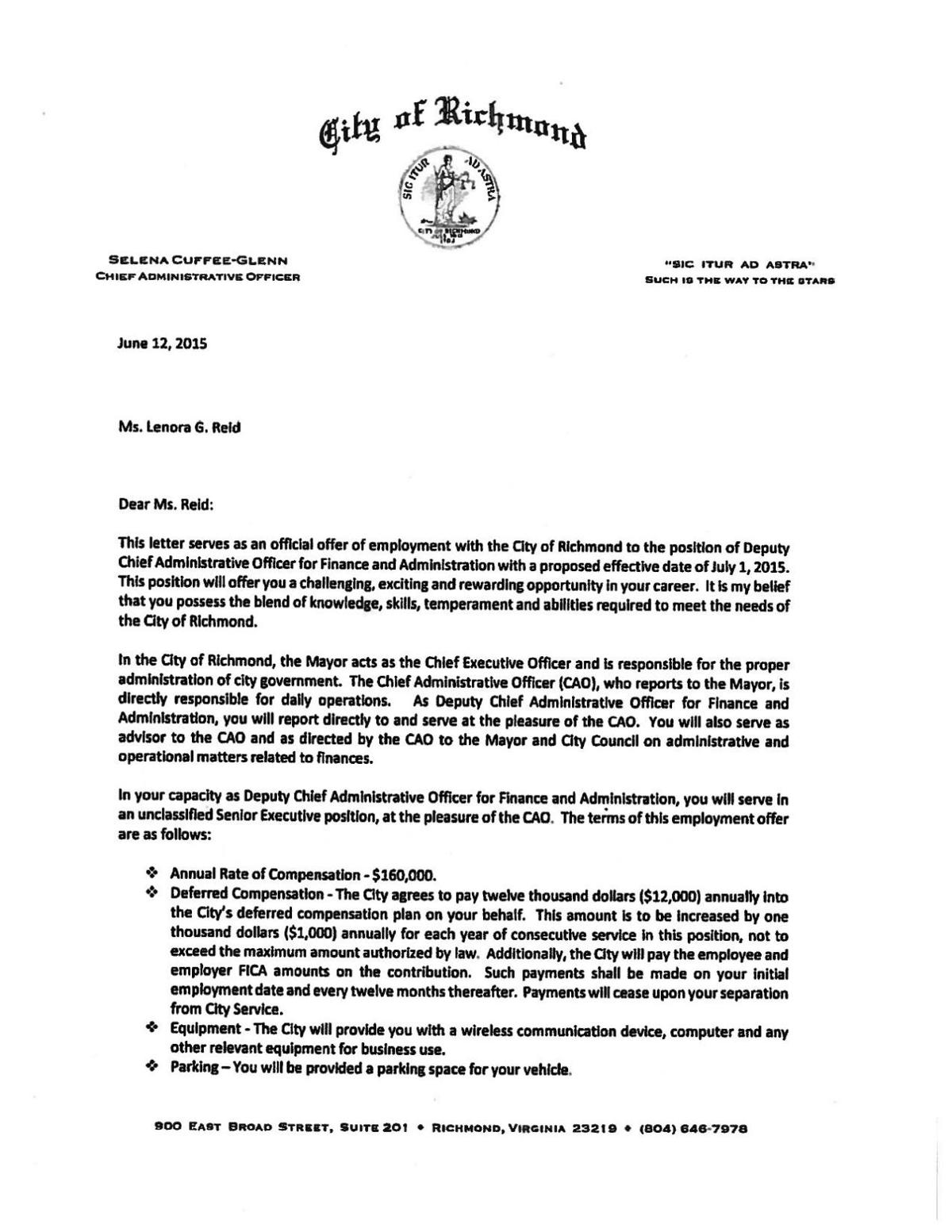 Offer letter to Lenora Reid from Richmond