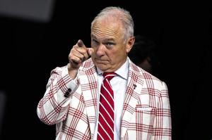 Texas Tech head coach Joey McGuire points at one of his players during Big 12 media days on Tuesday, July 7, 2026, at The Star in Frisco, Texas.