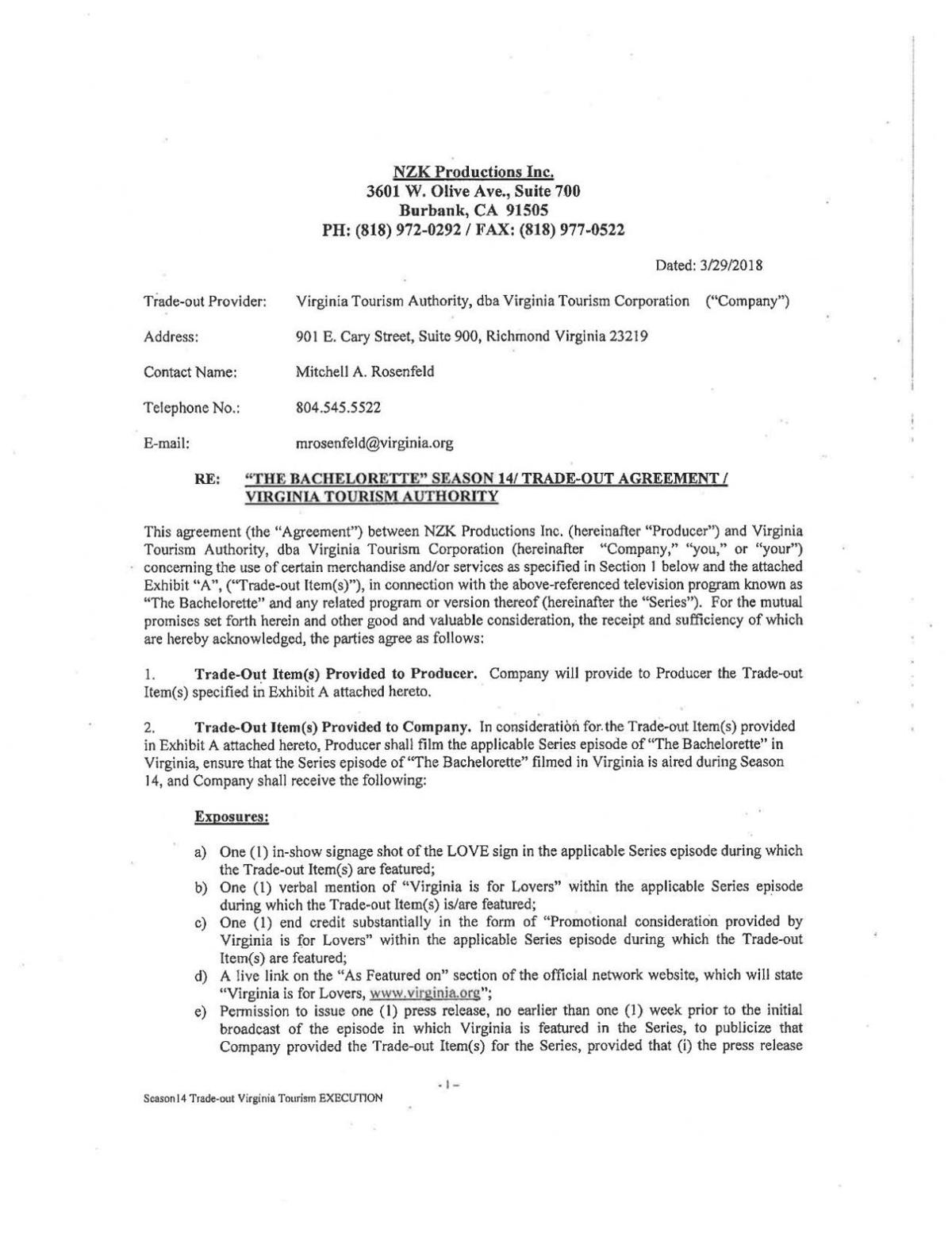 Contract Between Va Tourism And Nzk Productions Richmond Com
