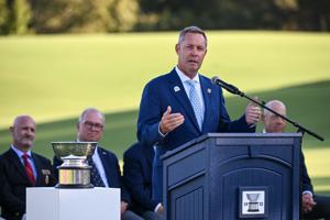 CEO Mike Whan gives a speech at the Flag Raising Ceremony during a practice round ahead of the 2026 Curtis Cup at Bel-Air Country Club in Los Angeles, Calif. on Thursday, June 11, 2026.
