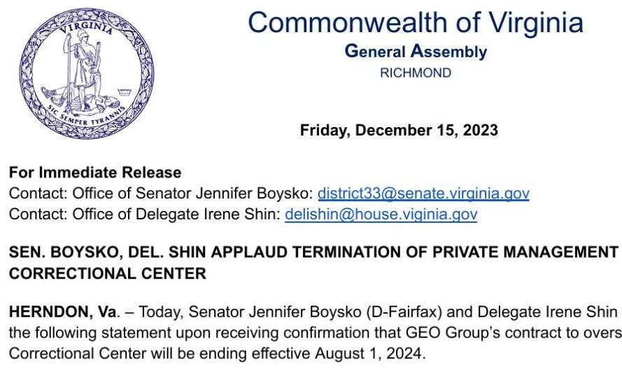 Boysko, Shin press release on Lawrenceville Correctional Center