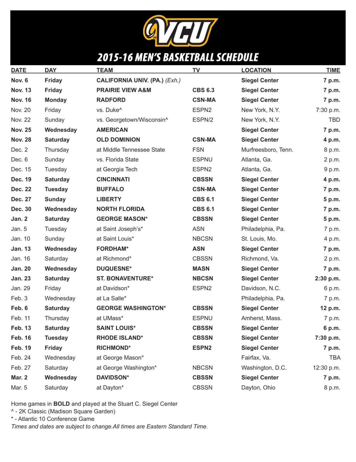 VCU releases complete 2015-16 schedule with times, TV | College Basketball | richmond.com1200 x 1554