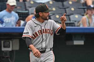 Jul 22, 2026; Kansas City, Missouri, USA;  San Francisco Giants manager Tony Vitello (23) reacts after being ejected from the game in the seventh inning against the Kansas City Royals at Kauffman Stadium. Mandatory Credit: Peter Aiken-Imagn Images