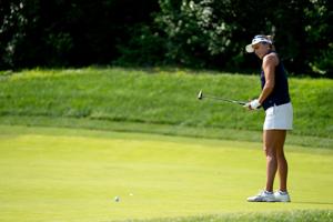 Lexi Thompson, of Delray Beach, Florida, watches her putt during the LPGA Kroger Queen City Championship fourth round at
