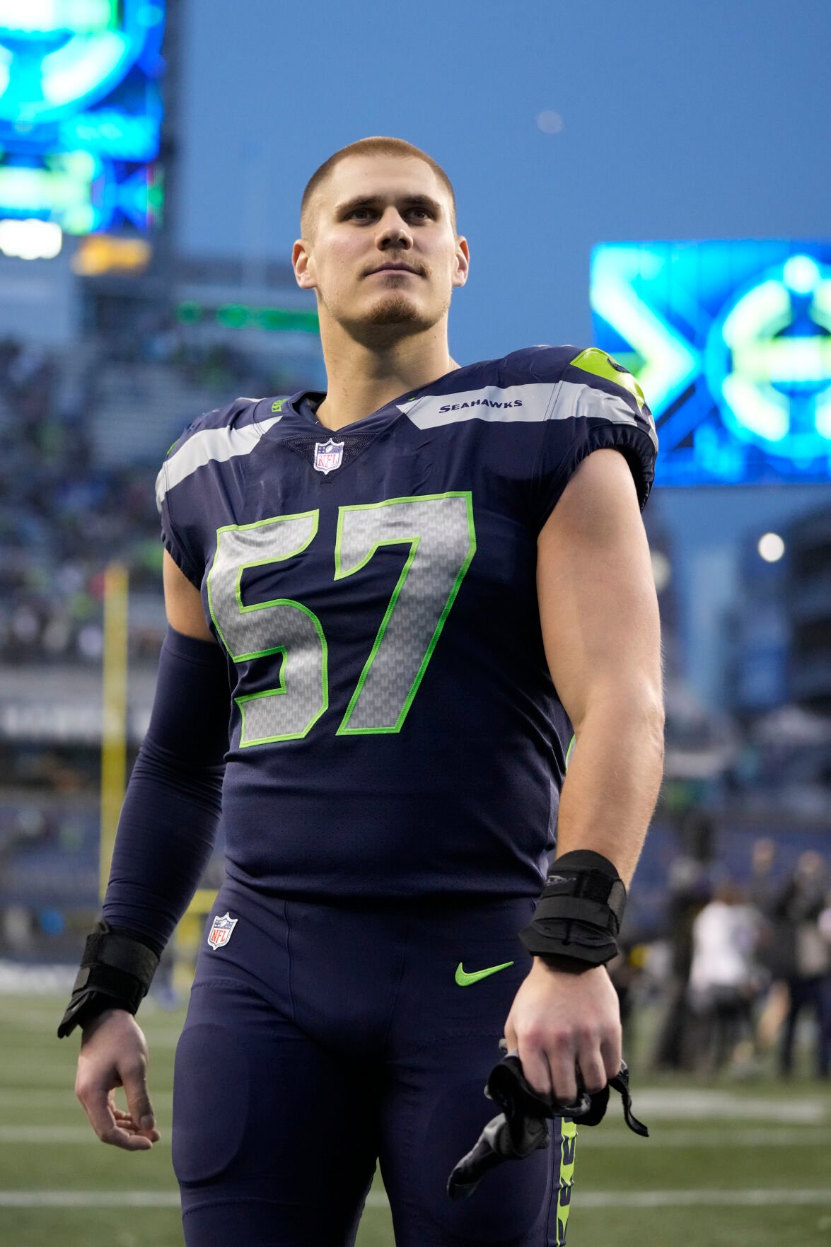 LANDOVER, MD - JANUARY 01: Washington Commanders linebacker David Mayo (51)  looks on during the Cleveland Browns game versus the Washington Commanders  on January 01, 2023, at FedEx Field in Landover, MD. (