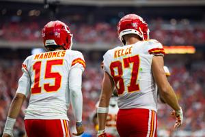 Sep 11, 2022; Glendale, Arizona, USA; Detailed view of the jersey of Kansas City Chiefs quarterback Patrick Mahomes (15) and tight end Travis Kelce (87) against the Arizona Cardinals at State Farm Stadium. Mandatory Credit: Mark J. Rebilas-USA TODAY 