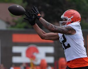Browns wide receiver Denzel Boston gets set to make a catch during training camp, July, 31, 2026, in Berea.